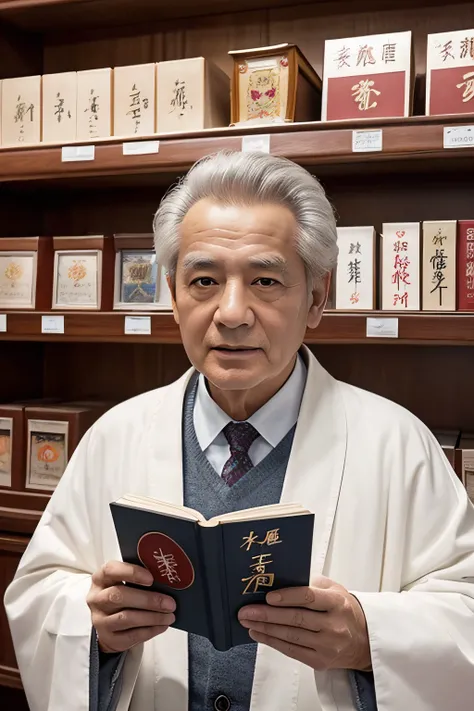 Chinese image，Real frontal photos，Authentic background，Pharmacy background，holding books，Manteau blanc，Face full of wrinkles，TCM image，Wise eyes，male people