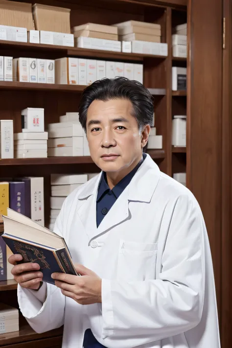 Chinese image，Real frontal photos，Authentic background，Pharmacy background，holding books，Manteau blanc，Face full of wrinkles，TCM image，Wise eyes，male people