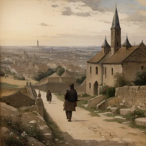 (medieval city in the background, man walking on a path, man going towards the medieval city) (oil painting) (by jean-françois m...