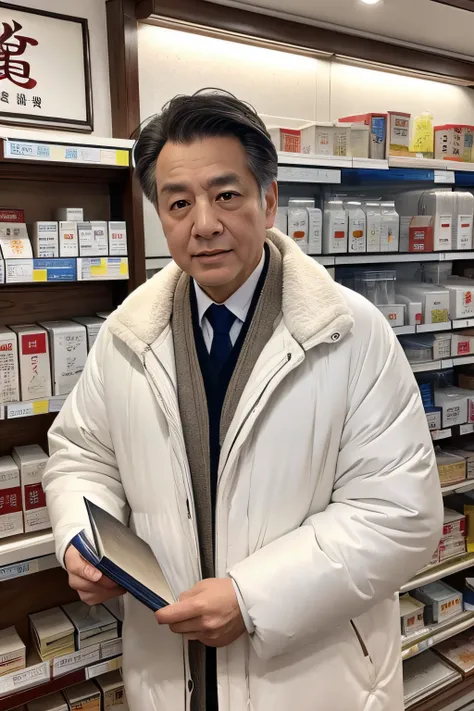 Chinese image，Real frontal photos，Authentic background，Pharmacy background，holding books，Manteau blanc，Face full of wrinkles，TCM image，Wise eyes，male people