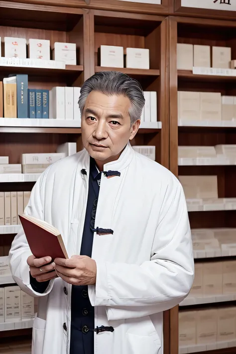 Chinese image，Real frontal photos，Authentic background，Pharmacy background，holding books，Manteau blanc，Face full of wrinkles，TCM image，Wise eyes，male people