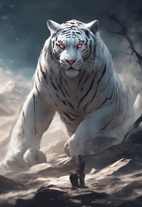 Le tigre blanc，rugir，fierce，gargantuesque，Les yeux brillent en rouge，Dents de sabre, Effets de lueur，Hautes collines，Brouillard nuageux，La nuit，中景 The scene is，Corps entier comme， Highly detailed surreal VFX，OC rendu， - AR 16:9 --q 2 --s 1000