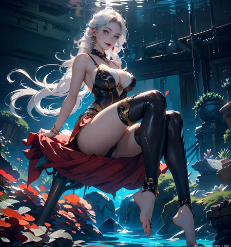 Underwater world Atlantis，abyssal，Epic reality，(hdr: 1.4)，1girll，25 age old，Silver hair，Pick and dye red hair，The beautiful，A heartwarming smile，Large breasts，Bigchest，thick leg，plumw，Floats in the middle of the frame，Thick lips，Charming eyes，Purple pupils...