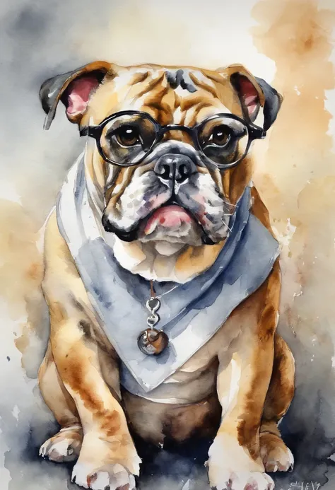 Make an English Bulldog Merle baby with pacifier in mouth, holding a little bone in his hand, dog with glasses, wearing glasses, black thick-rimmed glasses