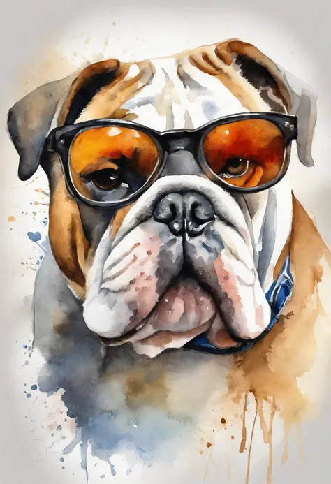 Make an English Bulldog Merle baby with pacifier in mouth, holding a little bone in his hand, dog with glasses, wearing glasses, black thick-rimmed glasses