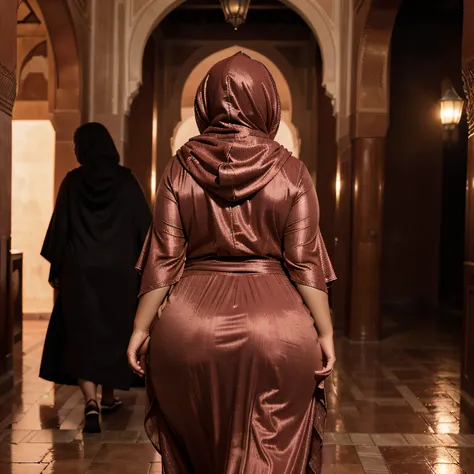 (((curvy fat woman))), ((long hooded red kaftan)), Moroccan red, ((((walking from behind)))), (((Marrakech))), Ouarzazate, (hide face), ((amazing red sunset)), (((big curvy hips))), ((bbw)), flowing, glowing red, sheer red, lacy red, dark red, natural skin...