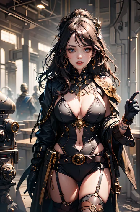 (1girl:1.3), looking at viewer, (steampunk suggestive clothes, Maven, Average Height, Toned, Round Face, Olive Skin, Brunette Hair, Blue Eyes, Wide Nose, Full Lips, Receding Chin, Long Hair, Straight Hair, Wavy Updo, soft sagging breasts, Threader earrings...