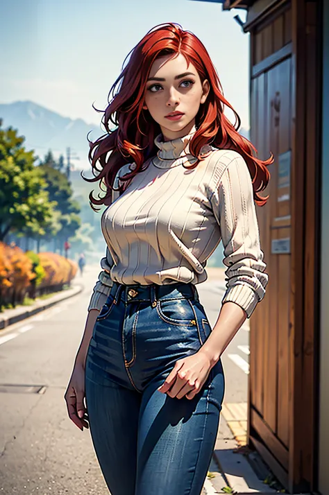 analog style, (photo of a skinny young white woman with red hair and freckles), 1girl, long curly hair, tall, modern clothes, long nose, sharp features, rural background, autumn, sweater and jeans, best quality, epic (photo, sony a7, 50 mm, pores:1.5, colo...