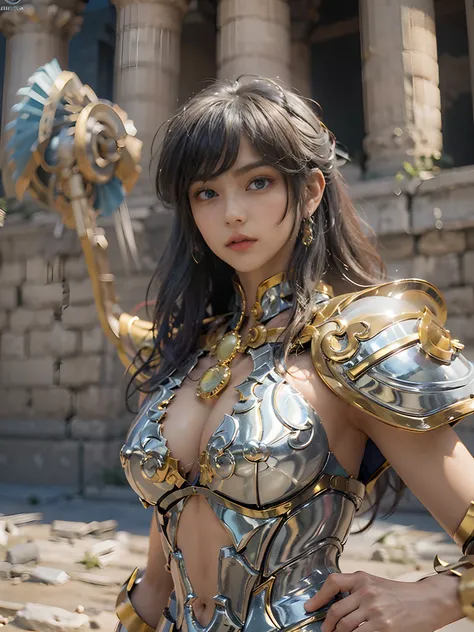 8k, top-quality, （pubic hair beauty）、hight resolution, realisticlying, realperson、Saint Seiya, Pegasus Seiya, Pegasus Cross, Pegasus Armor, Colossal tits, cleavage of the breast, Perfect body proportion,**render**: Boxing Girls, Rendered in highly detailed...