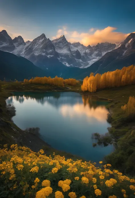 On the vast land，snow mountains、ln the forest、lakes、A golden picture of a sea of flowers and the sun