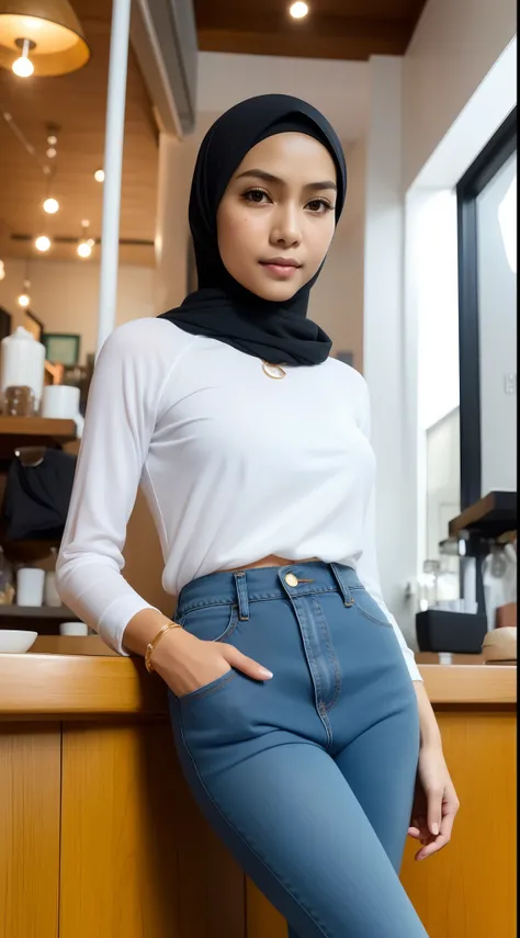 Matured 50 years old Malay women in hijab standing and pose in hipster cafe, happy, smiling, nighttime, wearing turquoise polka dot beginners bra and high waist jeans, white high sneakers,  professional lighting, ray lighting, blur background, cool ambient...