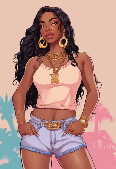 there is a woman with long hair, light pink background with smoke, Dominican, seductive face expression, sza, gorgeous woman that looks likedoja cat, long straight hair, 💨🌆👩🏾, she is wearing a white tank top jean shorts and a gold chain , black hair, black...