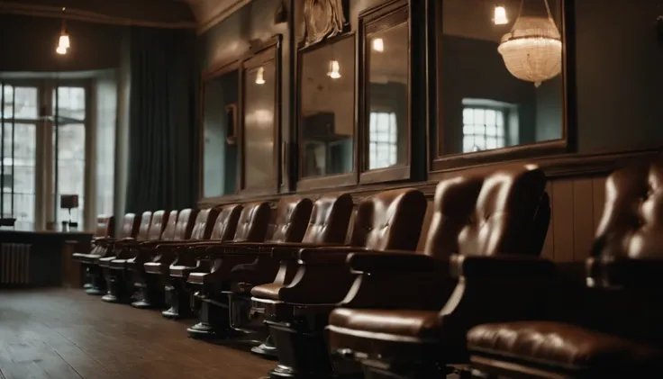 (8k, best quality, masterpiece:1.2), (best quality:1.0), (ultra highres:1.0), Waiting chairs next to the wall with customers and there is an empty chair in an old barbershop