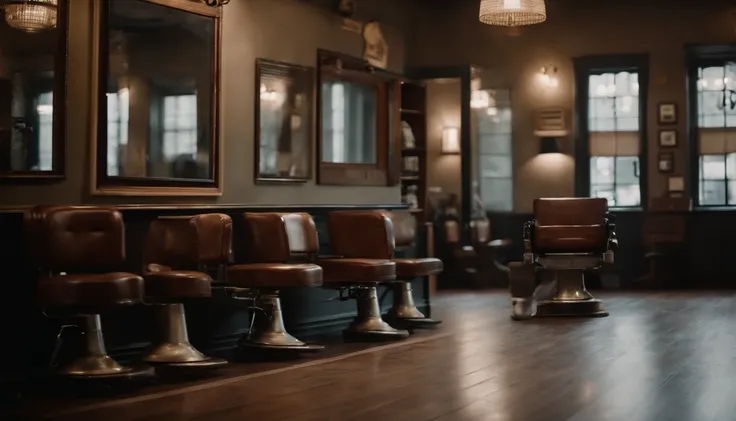 (8k, best quality, masterpiece:1.2), (best quality:1.0), (ultra highres:1.0), Waiting chairs next to the wall with customers and there is an empty chair in an old barbershop