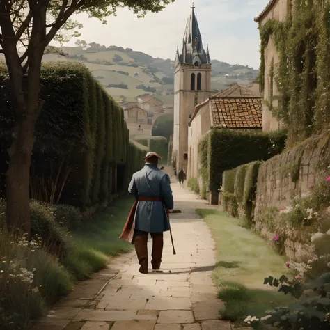 medieval city in the background, man walking on a path, man heading towards the medieval city, (16 year old boy hiding in a bush...