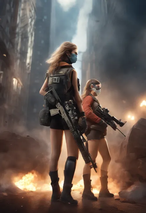 ((High quality)), ((Masterpiece)), 8K, 2girls, bulletproof vest, Light rays, Extremely detailed Cg Unity 8K wallpaper, Game CG, view the viewer, mitts, Boots, full bodyesbian, Watch, Computer, Mask, UAVs, holding weapon, Earphone, Jacket, (destroyed city a...