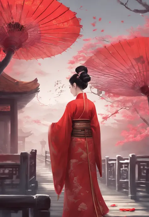 Two newcomers in red Hanfu holding umbrellas on the bridge, Beautiful rendering of the Tang Dynasty, Wearing ancient Chinese clothes, Palace ， A girl in Hanfu, Traditional Chinese clothing, ancient chinese beauti, Hanfu, Princesa chinesa antiga, Chinese tr...