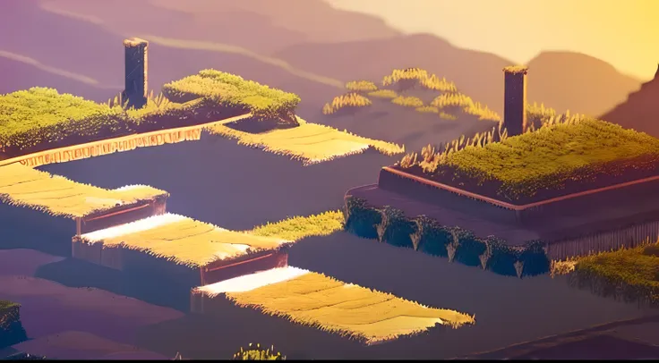 There is a horizontal platform of a village in a concept art for a 2D game, arte conceitual, paisagem horizonal, jogo de plataforma 2d, Plataformas :1.2, (obra prima),(melhor qualidade), 8k, dynamic light, dynamic shadows, Videogame