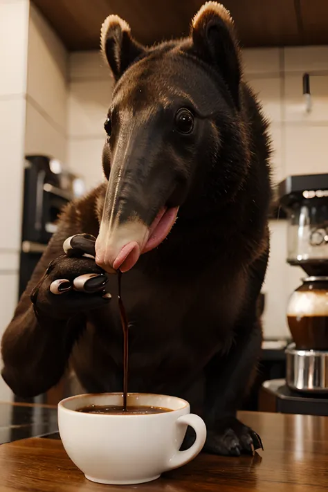 An anteater licks coffee with its tongue