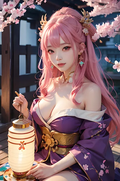 1girl, (ulzzang-6500:0.7), kpop idol, yae miko, detached sleeves, bare shoulders, pink hair, long hair, japanese clothes, best quality, (painting:1.5), (hair ornament:1.35), jewelry, purple eyes, earrings, breasts, torii,  cherry blossoms,  lantern light, ...