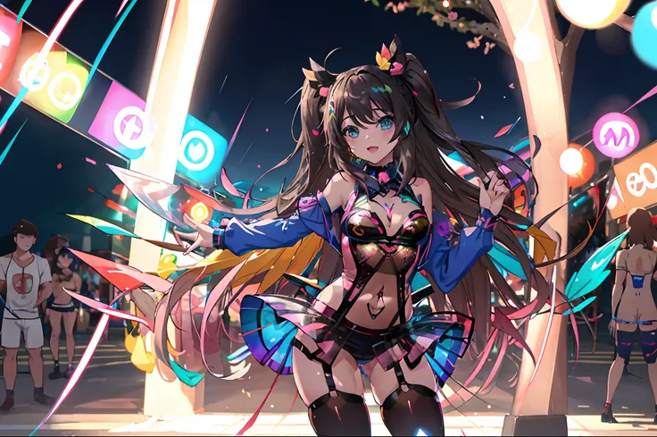 rvst, a woman, anime girl, 8k, ecstatic expression, festival, beautiful, colorful, translucent glowing latex miniskirt, night, lasers, panties, bra, cleavage, medium breasts, anime print clothes, sexy, camel toe