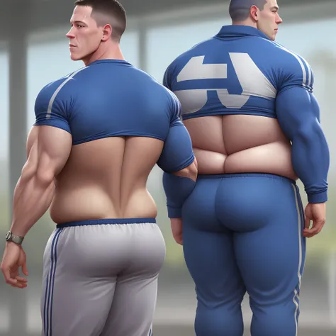 John cena in blue tracksuit , blue skin, bloated belly, bloated butt, backside point of view