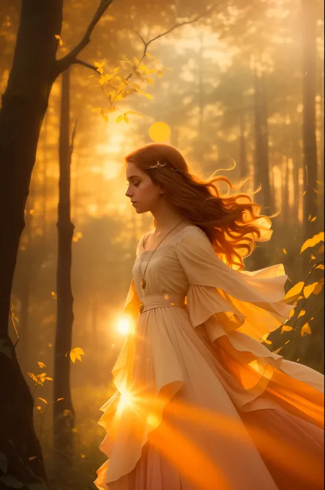 Paint a picture of the sun gently dipping below the horizon, casting a warm, fading light on the bewildered princess who realizes shes lost in the midst of an unfamiliar forest