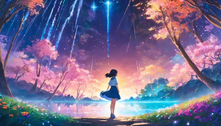 Teen girl in skirt on an otherworldly planet，Surrounded by a kaleidoscope of bright flowers and enchanting forests. The starry sky overhead is illuminated by strange and colorful lights, creating an ethereal atmosphere，(waterfallr)