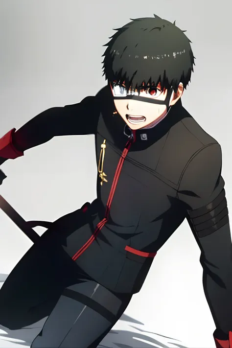 battle position, defense position, side view, 1boy, ken kaneki, black mask with teeth, white hair, red eyes, black armor kaneki suit, full body,