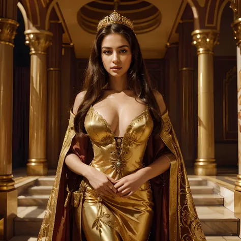 a beautiful seductive queen in a grand palace. She has mesmerizing, smoky eyes and full, luscious lips. Her appearance exudes power and confidence, with a regal gown adorned with exquisite jewels. The throne room is filled with opulence and grandeur, featu...