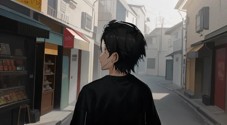 there is a man with a black shirt and a black shirt, boy has short black hair, blackhair, in an anime style,painted in anime painter studio, medium black hair, anime style character, turning left,