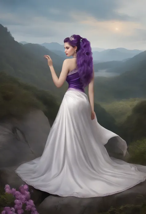 (Realistic painting style:0.9), Masterpiece, Best quality,  absurderes, view the viewer, Solo,  hair-bun, Skirt, Scarf, White skirt, Purple hair, haar, double tails, Purple eyes, Diamond-shaped pupils, hair adornments, Bare shoulders , Breasts, cone hair b...