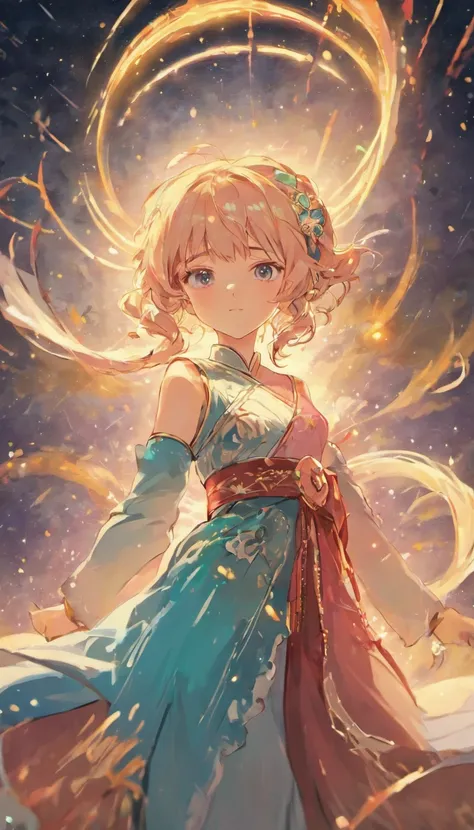 (best qualtiy，tmasterpiece), Beautiful teenage girl, Beautiful goddess, ((period costume, Hanfu, One shoulder)), Beautiful hair accessories, the night, starrysky, cold light, (In pink, cyan colors, white colors), ((From below)), ((full bodyesbian)), ((Real...