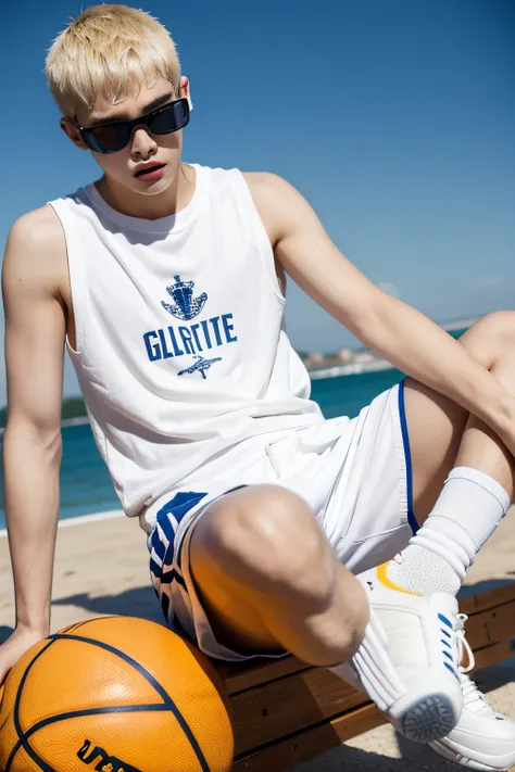 A 16-year-old boy, Playing basketball, Wear a vest, sweat shorts, whitestocking, espadrilles, blonde hair, buzz cut, sunglasses, goggles, happy tears, heavy breathing, modern, Eye-Level Shot, UHD, masterpiece, ccurate