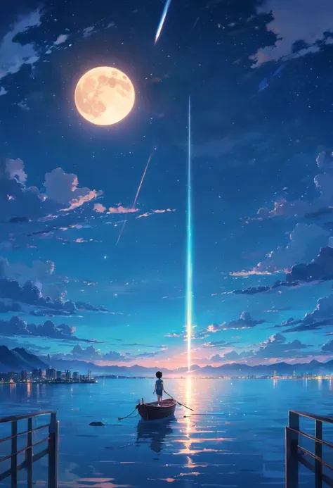 Vast night，the beautiful skyline，Large expanses of ocean，Intense and dramatic imagery，the moving visual effects，High hanging moon，Colorful natural light。A little boy sits on a lonely boat，Look at the cyan Kong Ming lantern floating in the sky，The whole nig...