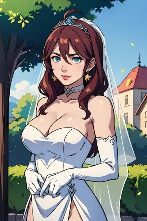 dorothea, bangs, blue eyes, hair between eyes, ahoge, orange hair, red hair, star (symbol), hair ornament, dress, cleavage, bare shoulders, collarbone, long white oprea gloves, white gloves, white dress, white choker, strapless, tiara, veil, strapless dres...