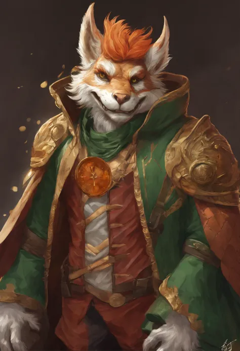 (((by Zackary911, by Kenket, By Kilinah))), Solo Male, Bright orange skin, Orange scales, (((Leprechaun)), (Detailed kobold)) Wearing a red cape with a hood, Green gemstone on collar, Bandage thighs and bandage chest, muscular toned, Dragons Tail, Messy ha...