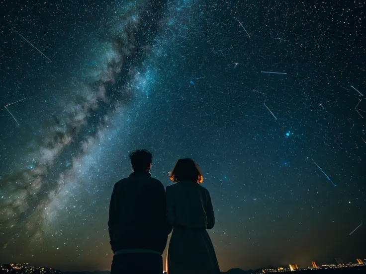 Behind a young man and woman looking up at the constellation Cassiopeia。Faraway view。