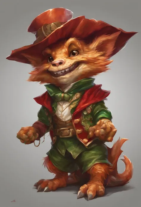 (((by Zackary911, by Kenket, By Kilinah))), Solo Male, Bright orange skin, Orange scales,Dragon Man (((Leprechaun)), (Detailed kobold)) Wearing a red cape with a hood, Green gemstone on collar, Bandage thighs and bandage chest, muscular toned, Dragons tail...