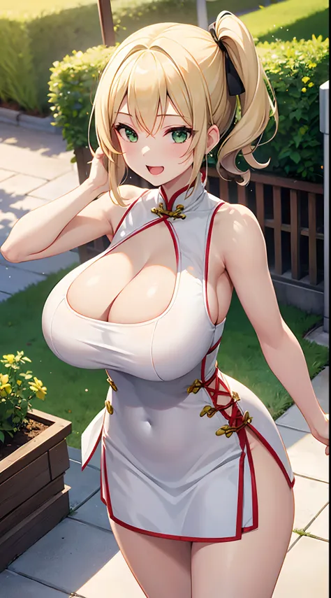 1 girl, game CG, white cheongsam, cleavage visible, short cheongsam, gigantic breasts, blonde, middle hair, side ponytail, green eyes, smile, open mouth, breast hold, outside,