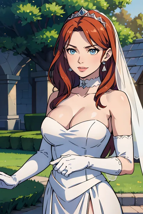 dorothea, bangs, blue eyes, hair between eyes, ahoge, orange hair, red hair, star (symbol), hair ornament, dress, cleavage, bare shoulders, collarbone, long white oprea gloves, white gloves, white dress, white choker, strapless, tiara, veil, strapless dres...