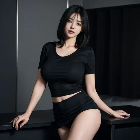 ((Best picture quality,8K))，Korean, top beauty，Very beautiful，(Medium shot:1.2), {{adult woman, 30-year-old lactating woman}}，(straight long black brown bob cuts),（Real big tits), (Huge breasts:1.4),ssmile, (In the office), (sexual pose), seductive face, p...