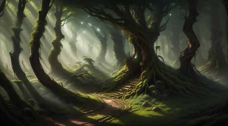 Housed in a gigantic tree: a door A door opening onto an enchanting and luminous world. Forest of majestic trees, colossal roots, surrounded by mist, forest filled with green moss and climbing, dark and disturbing. misty wood, trees with a mystical aura, s...