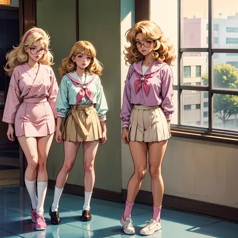 muted pastel colors, high quality images, retro anime, 1990s anime, 1980s anime, brush strokes, background is in a school hallway, city can be seen through the window of the school, Gyaru, tanned skin, sun tan, lots of blonde very curly hair, tall , 1girl,...