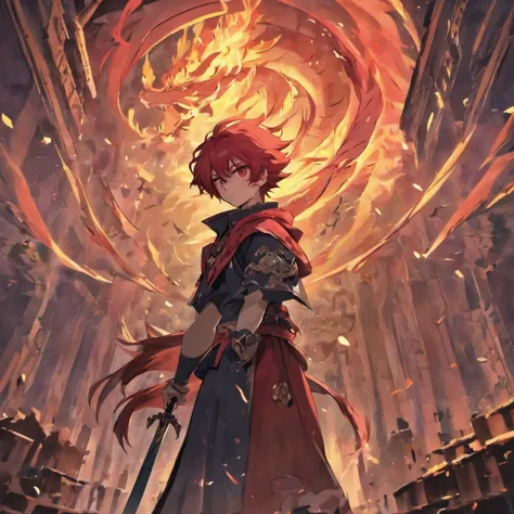 white boy, long red hair, redeyes, dragons wings, scaled face, a sword in his right hand, destroyed city, fallen buildings, dark environment, black pupils, evil-ish