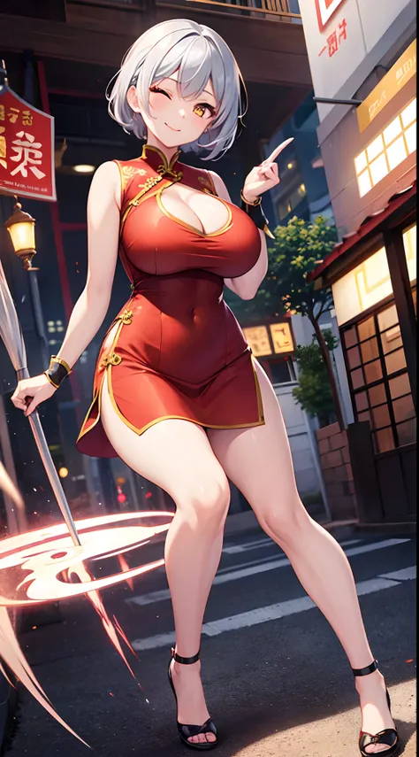 1 girl, game CG, red cheongsam, cleavage visible, short cheongsam skirt, gigantic breasts, silver hair, short hair, french braid, yellow eyes, smile, one eye closed, dynamic, outside,