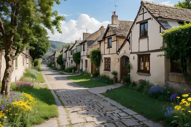 1. "In a quaint village nestled amidst rolling hills, a narrow cobblestone path winds through vibrant meadows, leading to a cluster of charming cottages adorned with colorful flower gardens."