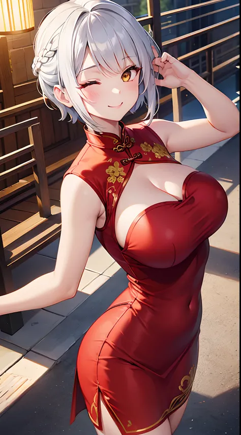 1 girl, game CG, red cheongsam, cleavage visible, short cheongsam skirt, gigantic breasts, silver hair, short hair, french braid, yellow eyes, smile, one eye closed, dynamic, outside,