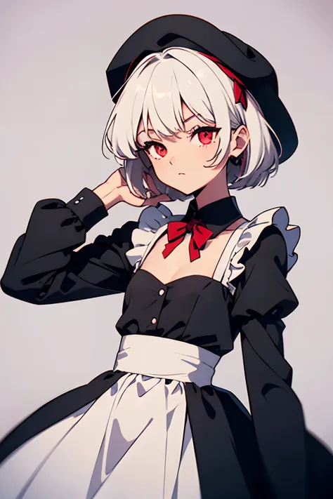 red eyes, short white hair, maid dress, flat chest, soft hat, bore expression, long sleeves, black long dress