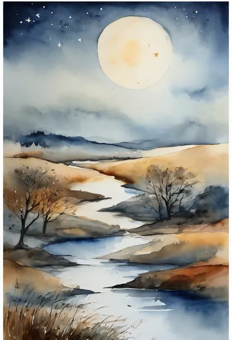 Simple landscape painting，Ancient wind，Around eleven oclock in the evening，Clouds，themoon，naive，Line watercolor，Star blue